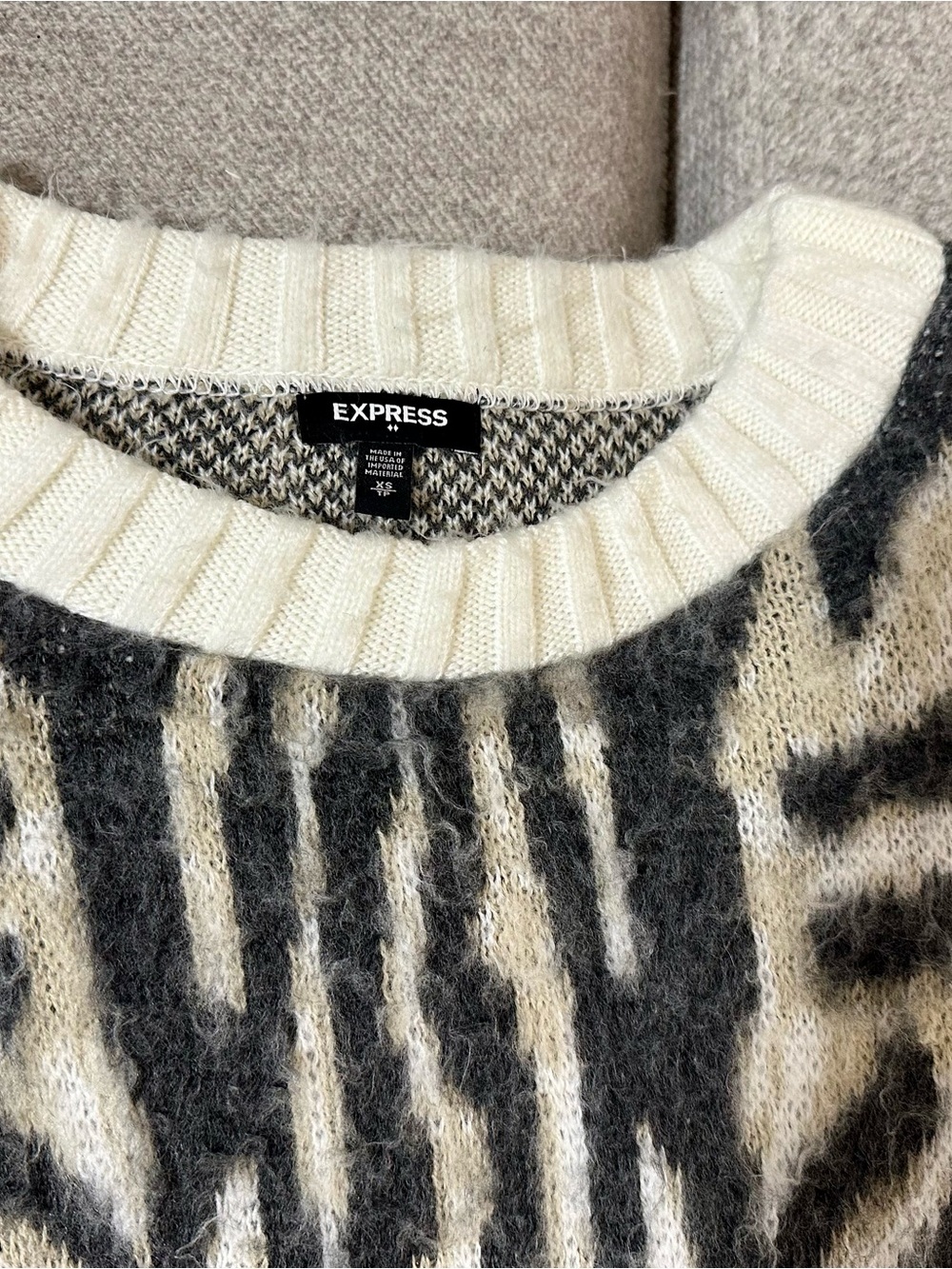 Express Cream and Black Animal-Print Crewneck Sweater